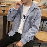 日系新款男装休闲夹克长袖短款衬衫领上衣青少年宽松纯色外套薄款
