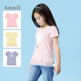 安奈儿童装夏季款 正品 女童圆领条纹短袖T恤针织衫AG521439