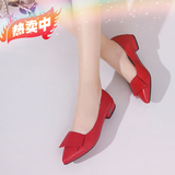 韩版新款尖头方跟低跟平底单鞋真皮外贸女鞋蝴蝶结红色浅口伴娘鞋