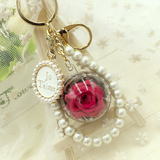 永生花汽车钥匙扣女士创意情侣珍珠链韩国可爱包包挂件包邮