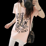 2016夏装中长款短袖T恤女装韩国印花网纱拼接打底衫修身上衣服潮