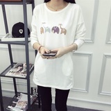 2016秋季韩版大码女装卡通图案印花中长款棉质长袖T恤宽松打底衫