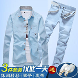 秋季韩版男式装长袖牛仔衬衫长裤子套装休闲潮流寸衫衬衣服外套男