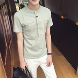 2016新款男士短袖T恤 中国风修身棉麻韩版半截袖夏季立领体恤