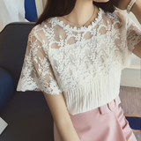 2016夏季韩版短袖网纱拼接蕾丝衫女士修身显瘦半袖蕾丝雪纺衫上衣