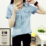【天天特价】夏季大码牛仔短袖女韩版学生水洗打底衫衬显瘦衬衫