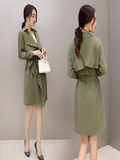 韩版军绿色大衣中长款修身外套代购OL春季外衣气质风衣女长袖腰带