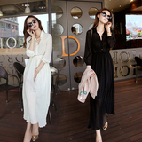 韩国2016夏季新款女士时尚气质长裙收腰显瘦中袖裙子雪纺连衣裙仙