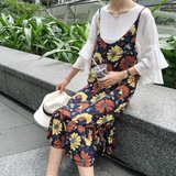 女连衣裙 韩国夏装新款喇叭袖上衣+复古风雏菊印花鱼尾雪纺吊带裙