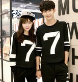 情侣装秋装套装2016新款韩版黑色数字长袖T恤套头男女上衣班服潮