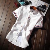 夏季短袖衬衫男青年韩版修身外套学生白衬衣薄款纯色休闲衣服潮