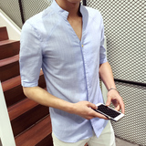 夏季男士立领修身棉麻短袖T恤 休闲中国风亚麻纯色半袖青年薄衬衫