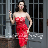 le palais vintage 优雅复古大红色蕾丝褶皱修身显瘦连衣裙0.25