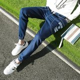 2016新款韩版潮男式牛仔裤 青年男士高腰修身直筒 褶皱长裤子马裤