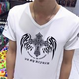 夏季潮牌男士修身纯棉圆领 青少年薄款短袖学生韩版十字架印花T恤
