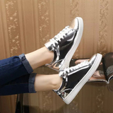 韩版系带真皮板鞋女夏厚底休闲运动鞋圆头金色银色漆皮女士单鞋子