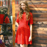2016夏季新款修身镂空红色蕾丝连衣裙 中长款短袖淑女a型打底裙女