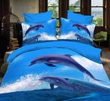 3D立体全棉大版海豚四件套蓝色风景秋冬斜纹双人被套床单床上用品