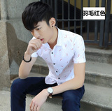 夏季短袖衬衫男青少年修身型薄款商务休闲印花免烫男生白衬衫衣潮