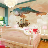 个性卡通墙纸 壁画儿童房卧室背景墙壁纸温馨现代环保鲸鱼先生