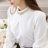 2016春季镶钻雪纺衫女韩版小立领大码白色衬衣显瘦小衫长袖打底衫