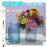 2只包邮现代欧式花瓶 玻璃 透明办公室桌面摆件 蓝色装饰插花瓶