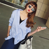 2016夏装新款女装 韩版甜美气质蓝白条纹蝴蝶结宽松长袖衬衫上衣