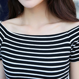 韩国一字领条纹露肩上衣女夏修身显瘦打底衫百搭性感短袖t恤潮