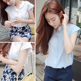 韩版女装小立领衬衫简约文艺短款亚麻棉麻料上衣无袖T恤无领衬衣
