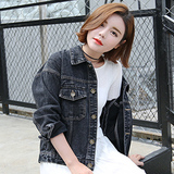 韩国学生宽松短款黑色牛仔外套女春秋bf学院风做旧长袖牛仔衣夹克