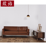 纯实木家具新中式布艺沙发美式乡村黑胡桃木三人沙发复古长椅定制