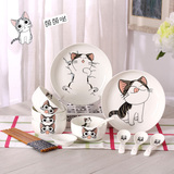 创意韩式陶瓷餐具 四碗四勺卡通套餐餐具 可爱起司猫儿童碗盘包邮