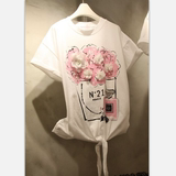 韩国东大门夏季甜美花朵钉珠短袖T恤可爱香水瓶宽松系带上衣女