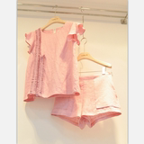 韩国代购2016夏季甜美粉色棉麻飞飞袖T恤上衣短裤时尚两件套装女