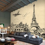 城市英伦建筑黑白手绘素描壁画卧室咖啡客厅快餐店床头背景墙壁纸