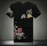 中国风男士夏季短袖刺绣印花T恤有鲤鱼图案大码男装修身纯棉半袖