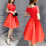 夏季修身显瘦短袖红色蕾丝连衣裙中长裙拼接欧根纱裙子礼服A字裙