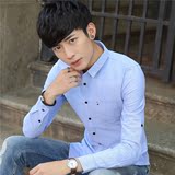 秋季男士长袖衬衫薄款韩版青少年潮男修身时尚寸衫棉麻纯色白衬衣