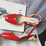 Mimi小姐 韩国人气新款 优雅百搭漆皮方头侧空粗跟单鞋大红色单鞋