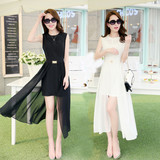 夏季新款韩版女装大码修身显瘦中长款打底拼接裙无袖雪纺连衣裙