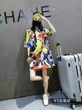 韩国夏装新款时尚迷彩狐狸印花色宽松短袖T恤女裙中长款大码潮牌