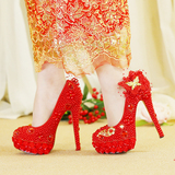 婚鞋高跟鞋红色珍珠蕾丝蝴蝶水钻新娘鞋高贵中式礼服鞋宴会鞋