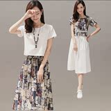 韩版夏季时尚气质复古两件套装裙子棉麻连衣裙修身中裙大码女装潮