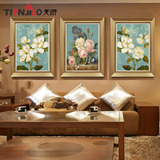 美式客厅装饰画欧式油画沙发背景墙画有框画三联富贵花实木挂画