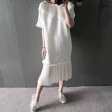 韩国孕妇装夏季明星同款v领两穿短袖韩版雪纺百褶鱼尾连衣裙潮