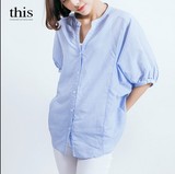 2016韩国原单this衬衫女蝙蝠袖5分袖细条纹宽松v领中长款棉麻