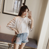 2016夏装新款韩国宽松上衣网纱体恤花朵流苏镂空袖圆领短袖T恤女