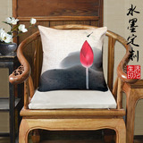 现代中式红木沙发水墨荷花棉麻大靠垫抱枕套床头办公午睡定做包邮