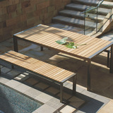 户外简约欧式庭院长凳铝合金柚木花园桌椅长桌长凳组合一桌二椅