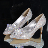 灰姑娘水晶婚鞋高跟鞋银色浅口细跟尖头中跟单鞋新娘鞋水钻婚纱鞋